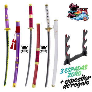 Pack 3 espadas de Acero Roronoa Zoro con expositor de regalo 105 cm (sin filo)